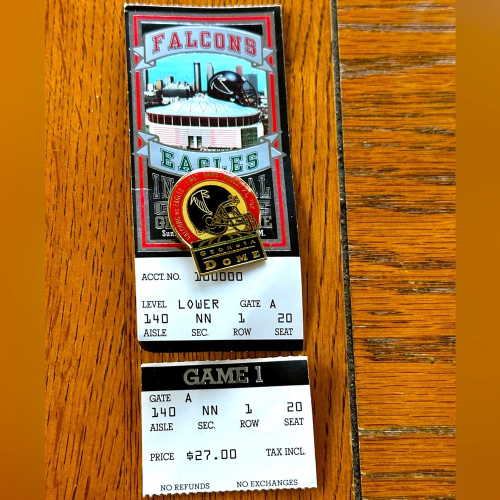 1992 Atlanta Falcons VS Philadelphia Eagles Ticket Inaugural Georgia Dome & Pin